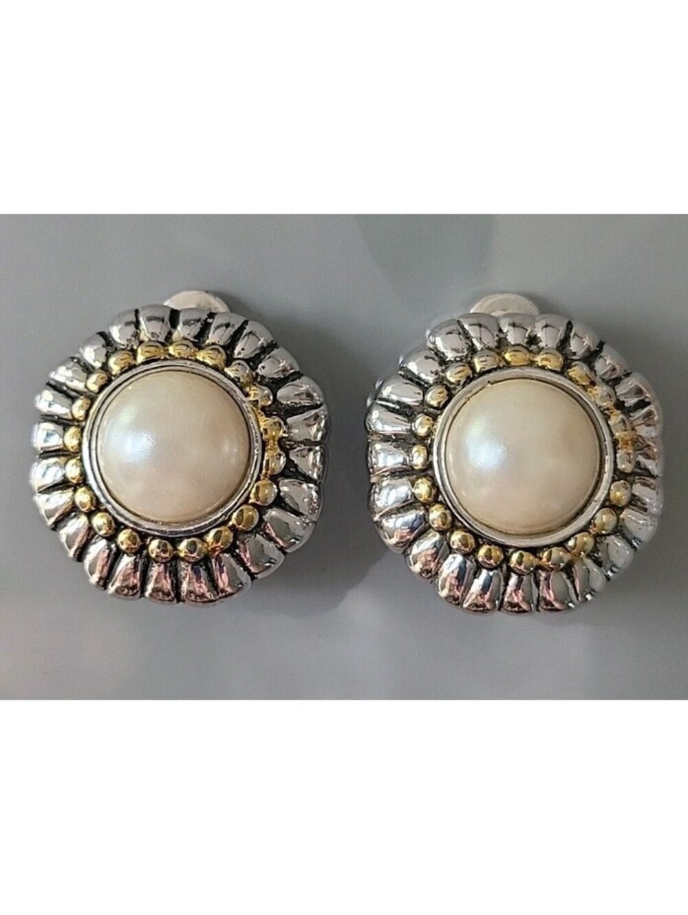 Vintage Clip-on Earrings Premier USA Silver & Gold With Pearl EUC O11